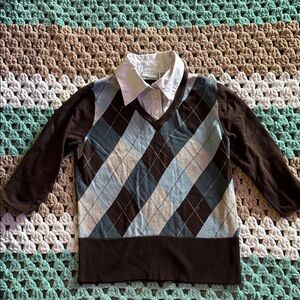 Y2K Blue Brown Argyle Plaid Sweater Vest Layered White Shirt Top Womans sz Small